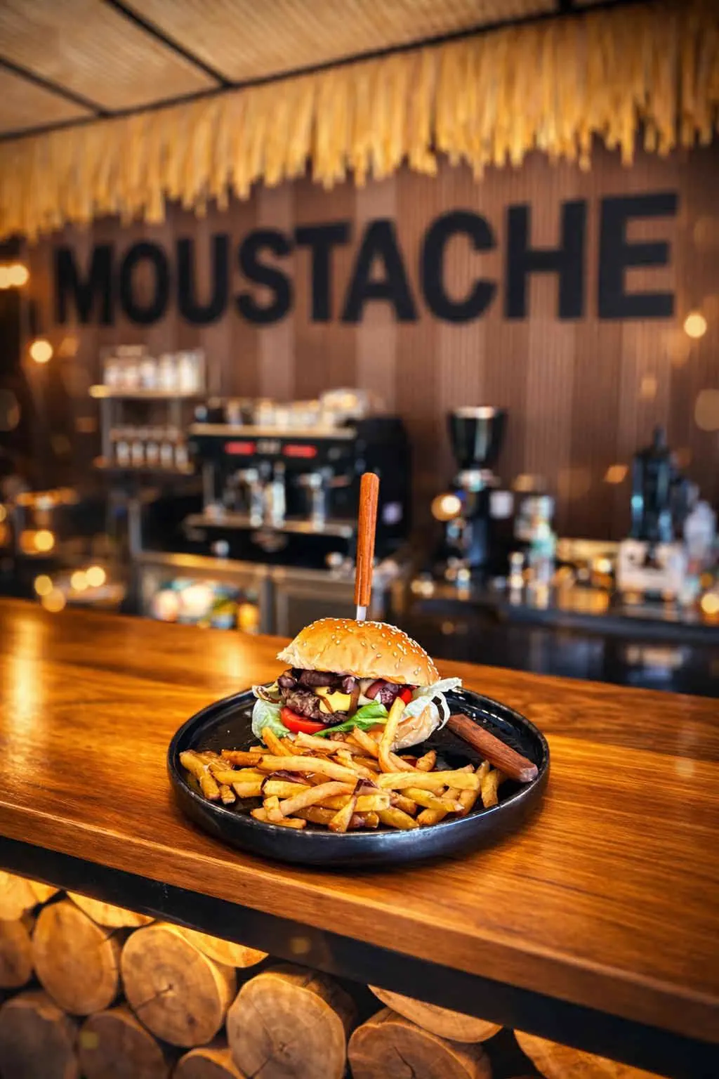 Beef burger with cheddar and fries on the bar, Moustache sign behind