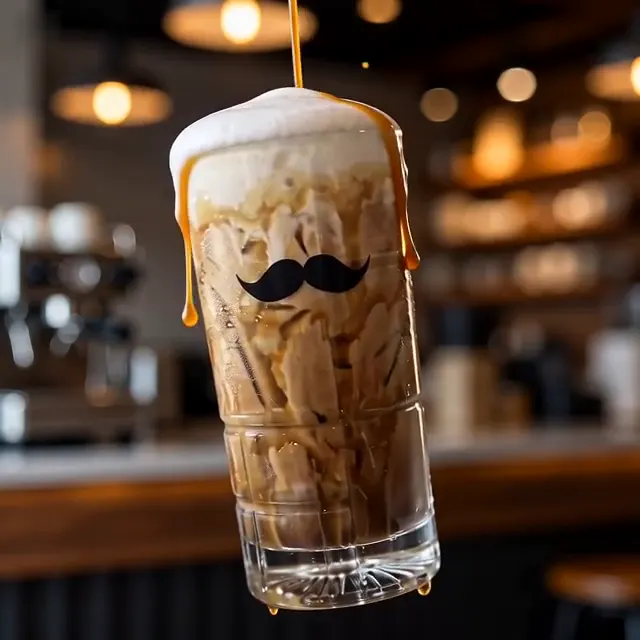 Caramel macchiato in a Moustache glass, milk and espresso layered over ice