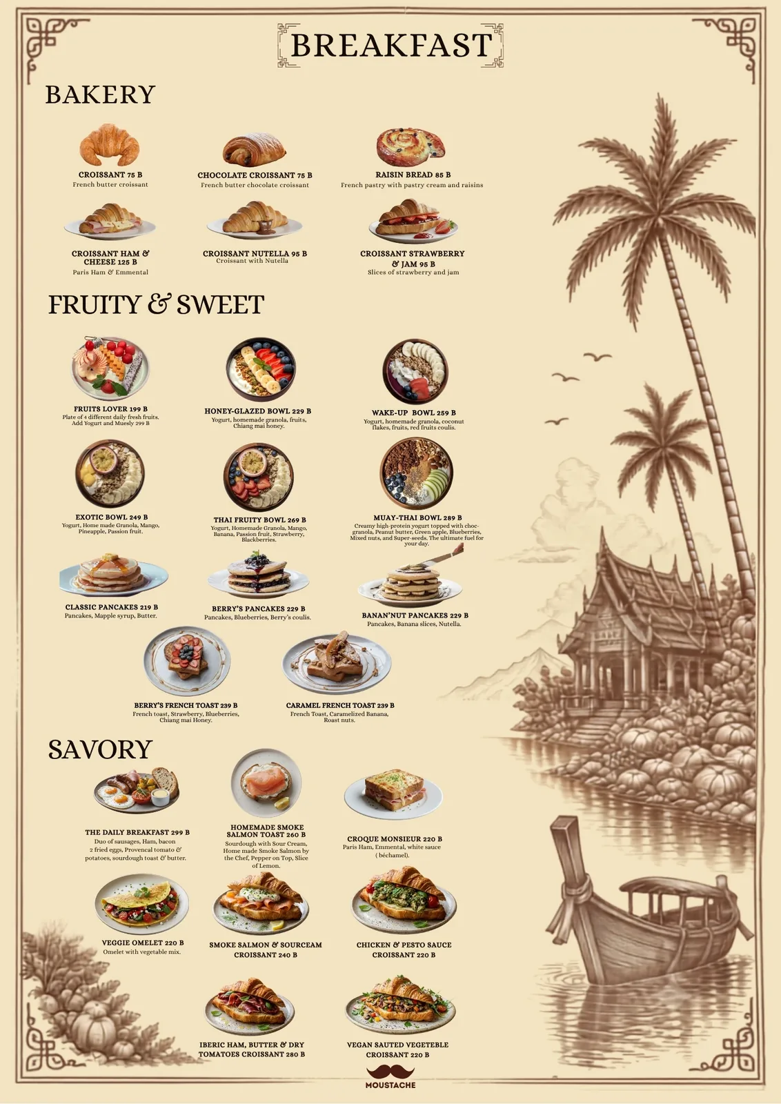 Breakfast: bakery, fruity and sweet bowls, pancakes, French toast, savory plates and croissants