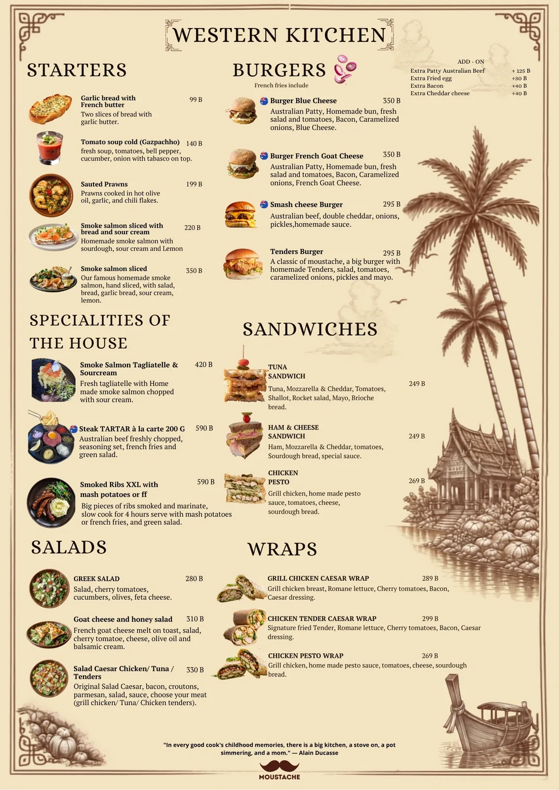 Western kitchen: starters, burgers, specialities of the house, sandwiches, salads, wraps