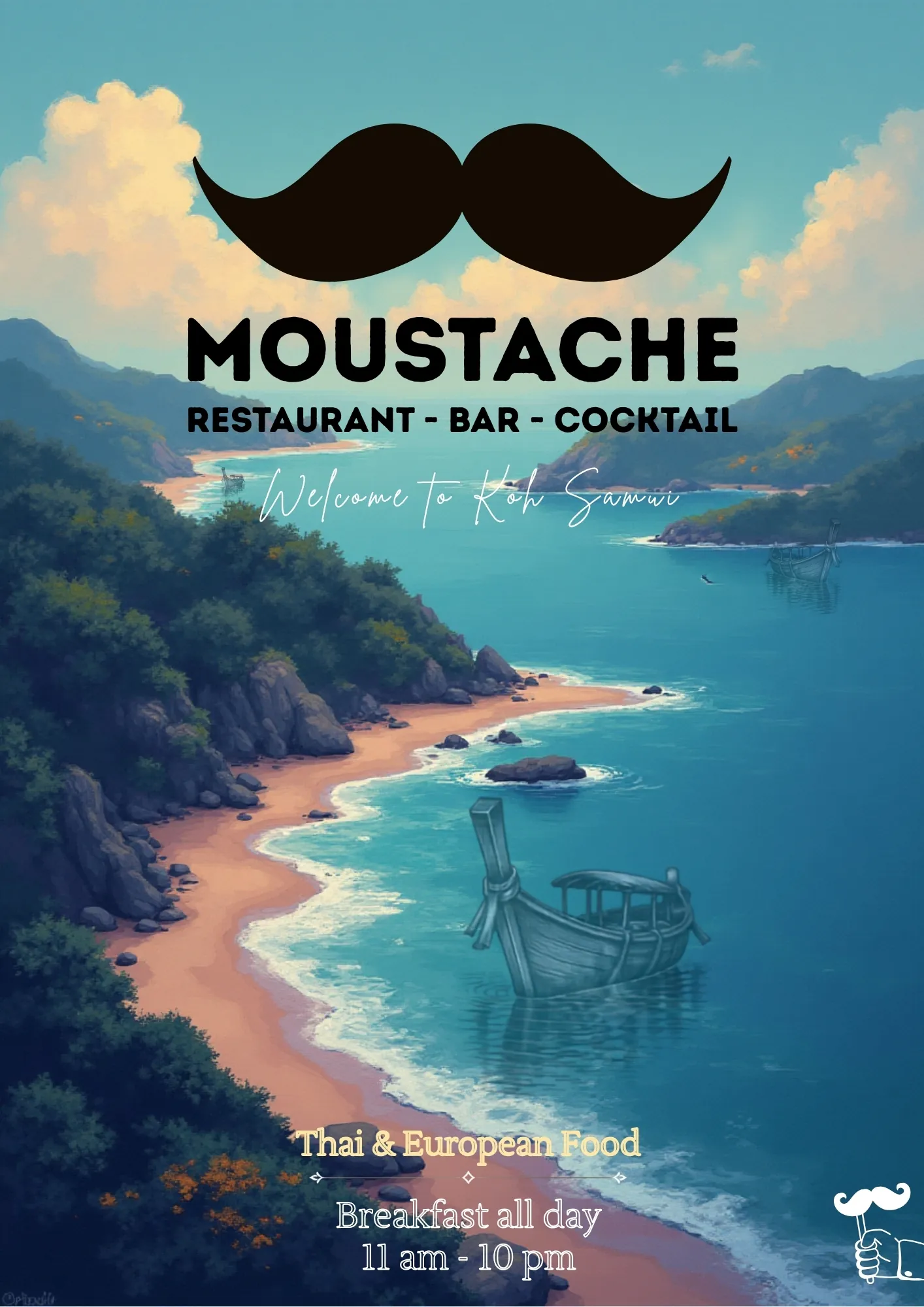 Menu cover: Moustache, restaurant, bar, cocktail. Thai and European food, breakfast all day, 11 am to 10 pm