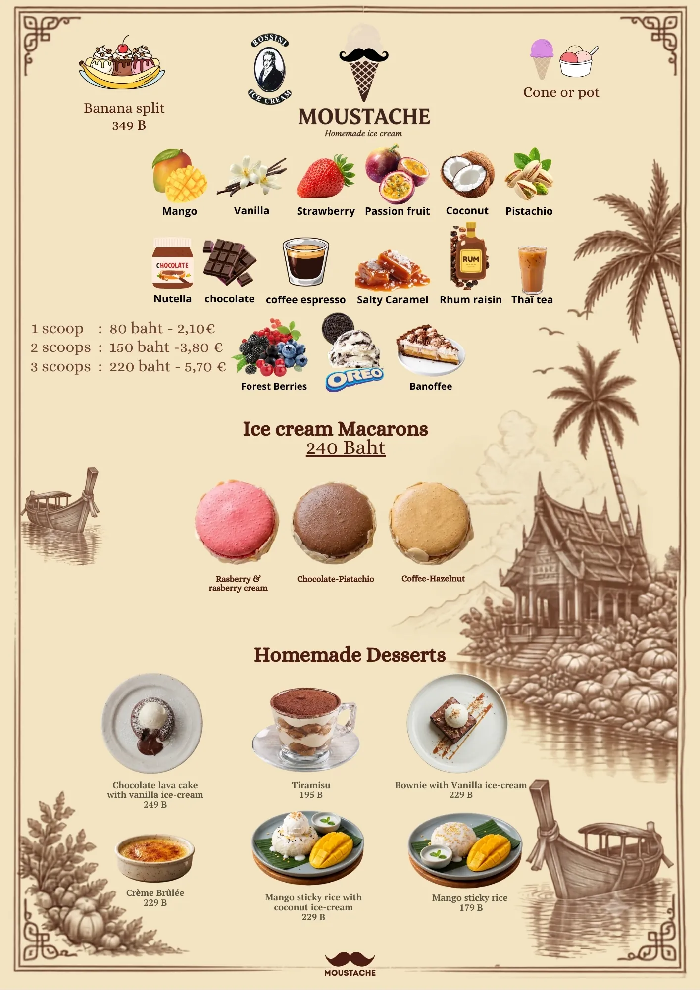 Menu page: homemade ice cream, ice cream macarons, homemade desserts