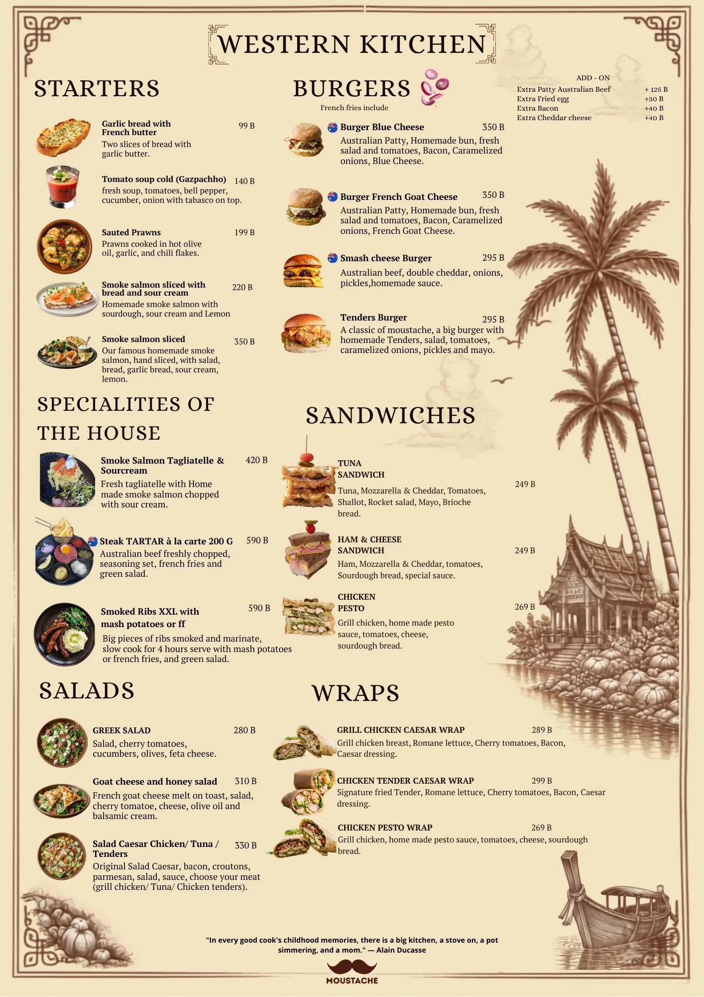 Menu page: western kitchen, starters, burgers, specialities of the house, sandwiches, salads, wraps