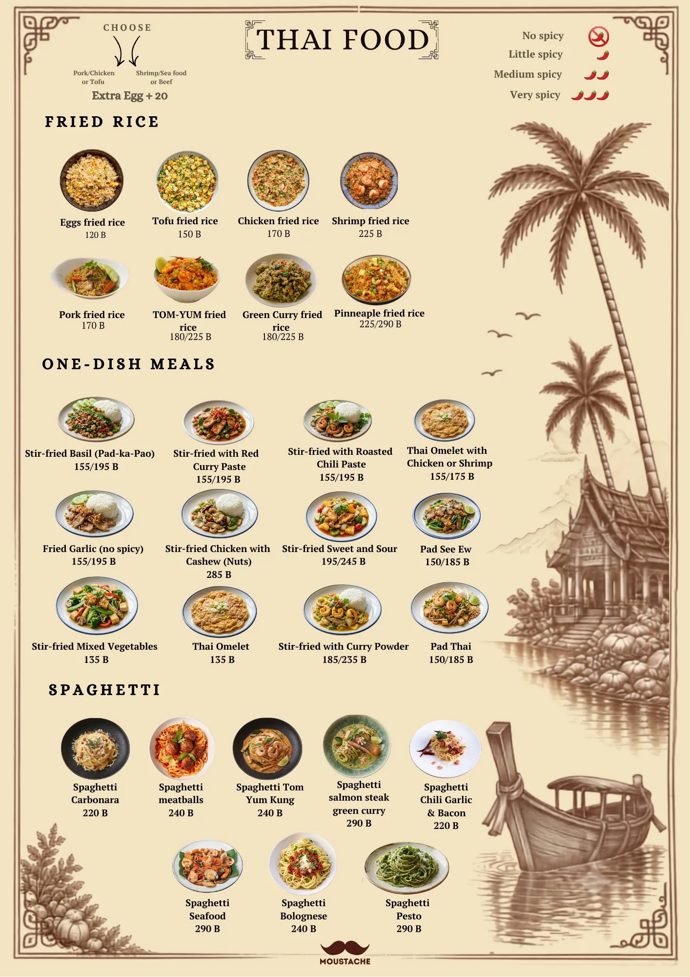 Menu page: Thai food, fried rice, one-dish meals, spaghetti