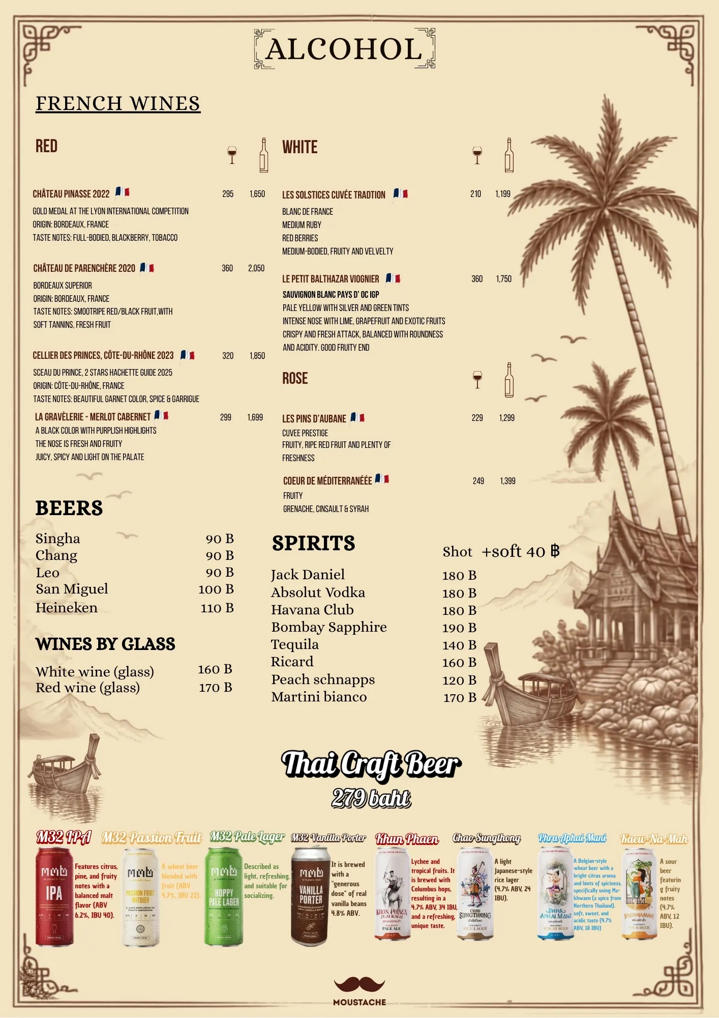 Menu page: alcohol, French wines, beers, spirits, Thai craft beer