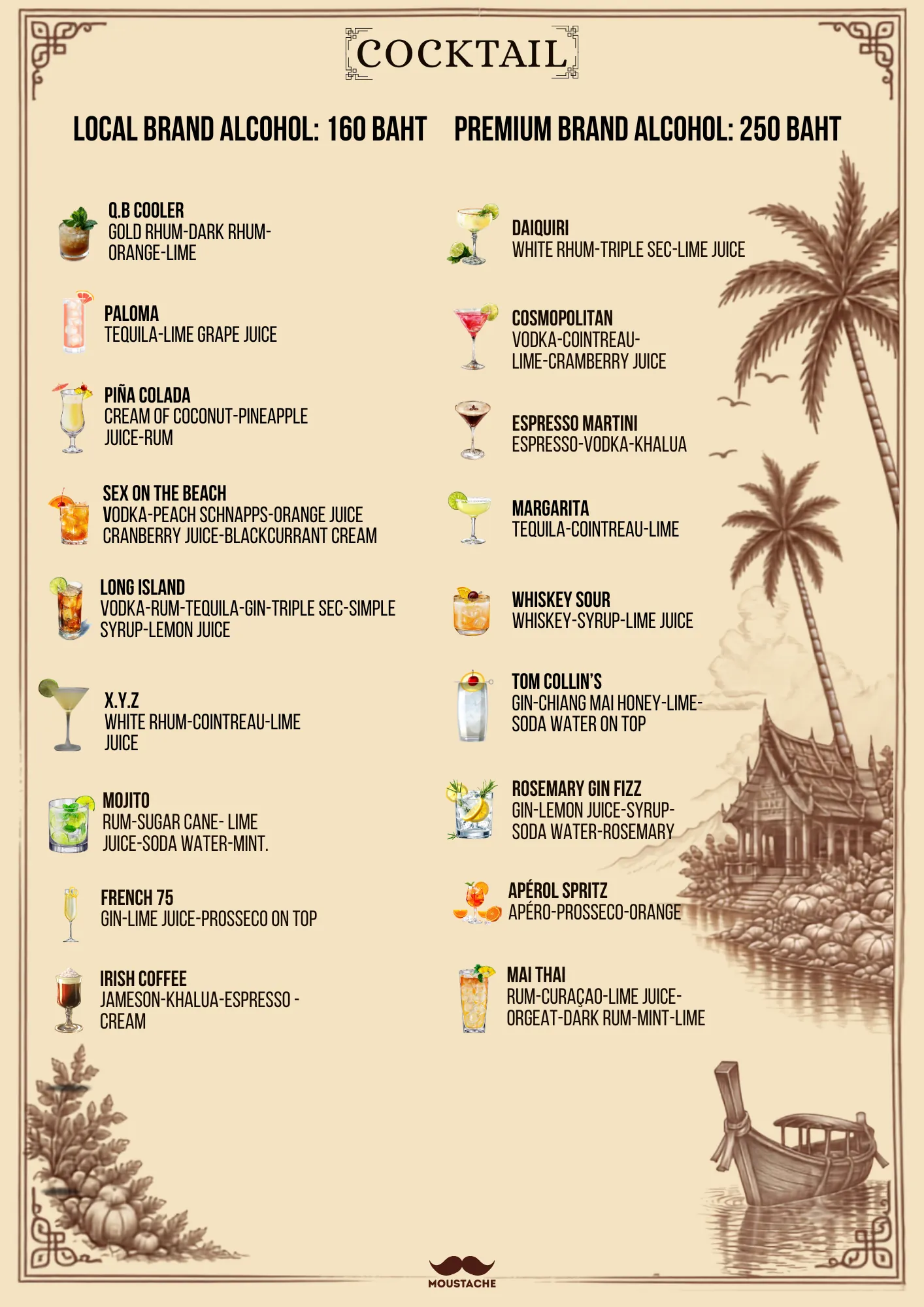 Menu page: cocktails, local and premium brand alcohol